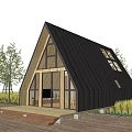 Modern A frame Wooden House With Black Roof Large Windows And Wooden Deck Near Trees