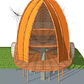 Modern Architectural Design Featuring Orange Curved Structure Wooden Frame And Green Grass