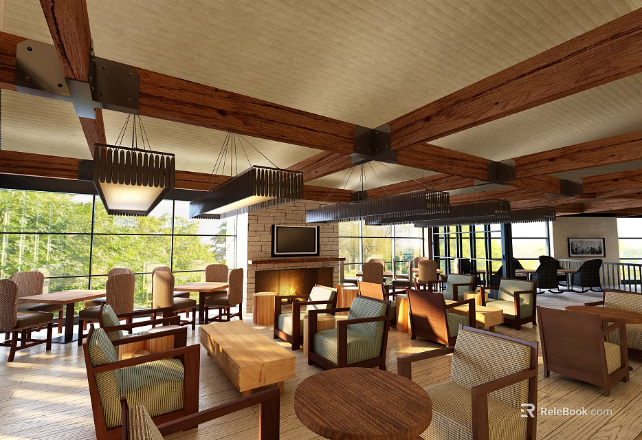 Modern Restaurant Interior With Wooden Ceiling Chandeliers Large Windows Tables Chairs And Fireplace 3d model 