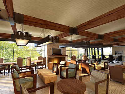 Modern Restaurant Interior With Wooden Ceiling Chandeliers Large Windows Tables Chairs And Fireplace 3d model