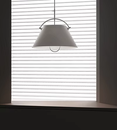 Modern White Pendant Light Hanging In Room With White Window Blinds 3d model