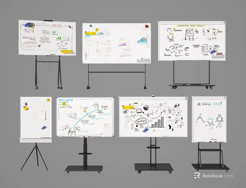 Professional Drawing Tools Collection Featuring Whiteboards Hand Drawn Charts and Various Stands 3d model 