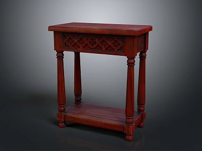 Elegant Wooden Side Table With Intricate Carved Pattern Pillar Legs And Lower Shelf 3d model