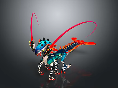 3D Model Dragon Creature With Blue Red Black Long Tail Spiked Back Skeleton Structure 3d model