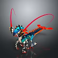 3D Model Dragon Creature With Blue Red Black Long Tail Spiked Back Skeleton Structure