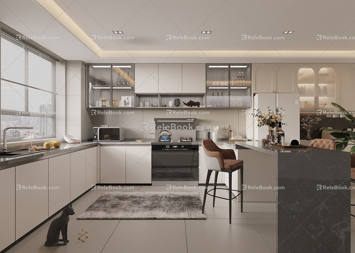 Modern Cream Style Kitchen Kitchenware Supplies Combination Cabinet Kitchen Appliances Refrigerator Oven 3d model