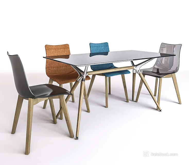 Modern Dining Table Set With Rectangular Glass Top Four Colorful Chairs And Wooden Legs 3d model 