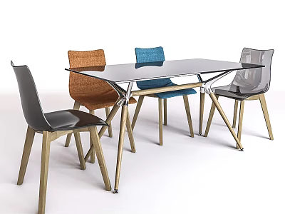 Modern Dining Table Set With Rectangular Glass Top Four Colorful Chairs And Wooden Legs 3d model