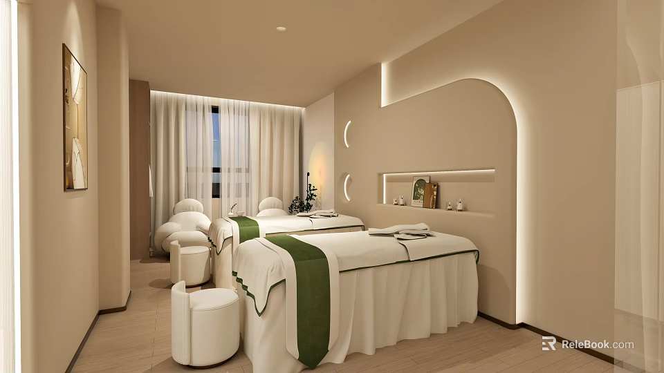 Modern Beauty Salon Interior With Treatment Beds Green Accents And Soft Lighting 3d model 