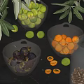 Fresh Colorful Fruits in Glass Bowls with Scattered Pieces and Olive Branch