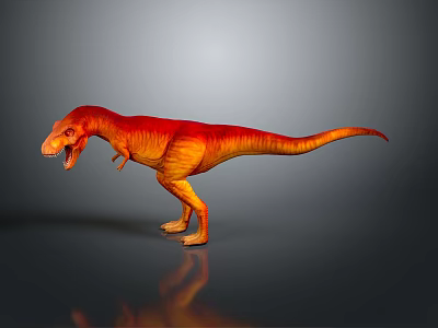 Red And Yellow Gradient T-Rex Model Standing With Open Mouth On Gray Background With Reflection 3d model