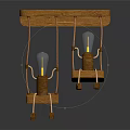 Wooden Swing Shaped Chandelier with Humanoid Light Bulb Figures Hanging on Dark Background