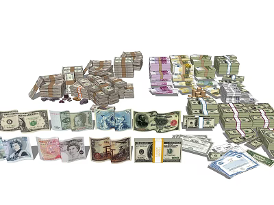 Essential Household Living Supplies With Stacked Cash And Various Banknotes 3d model