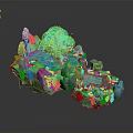 3D Fantasy Landscape With Floating Island Green Trees Blue Water And Rocks