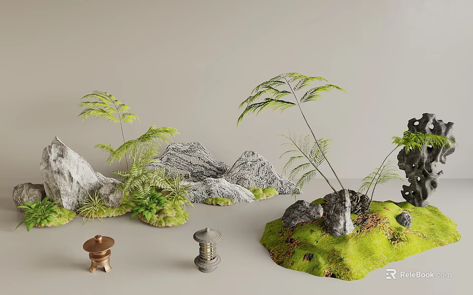 Garden Landscape Design With Rockery Ferns Moss Stone Lantern And Small Pavilion 3d model 