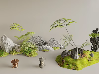 Garden Landscape Design With Rockery Ferns Moss Stone Lantern And Small Pavilion 3d model