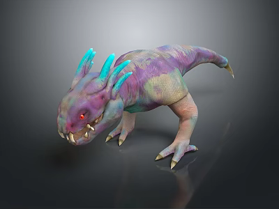 Colorful Fantasy Mythical Creature 3D Model With Blue Horns Red Eyes Sharp Teeth And Claws 3d model