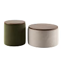 Modern Round Ottoman with Wooden Top Green and Beige Velvet Fabric Home Decor