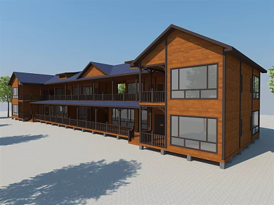 Wooden Two Story Detached Villa With Balconies Large Windows Dark Roof 3d model