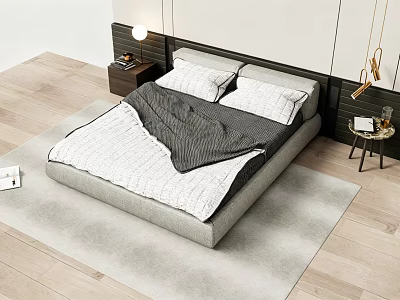 Modern Double Bed With Gray Headboard White Bedspread Pillows And Wooden Floor Rug 3d model