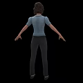 3D Female Character Creature In Light Blue Shirt Gray Pants With Open Hands On Black Background