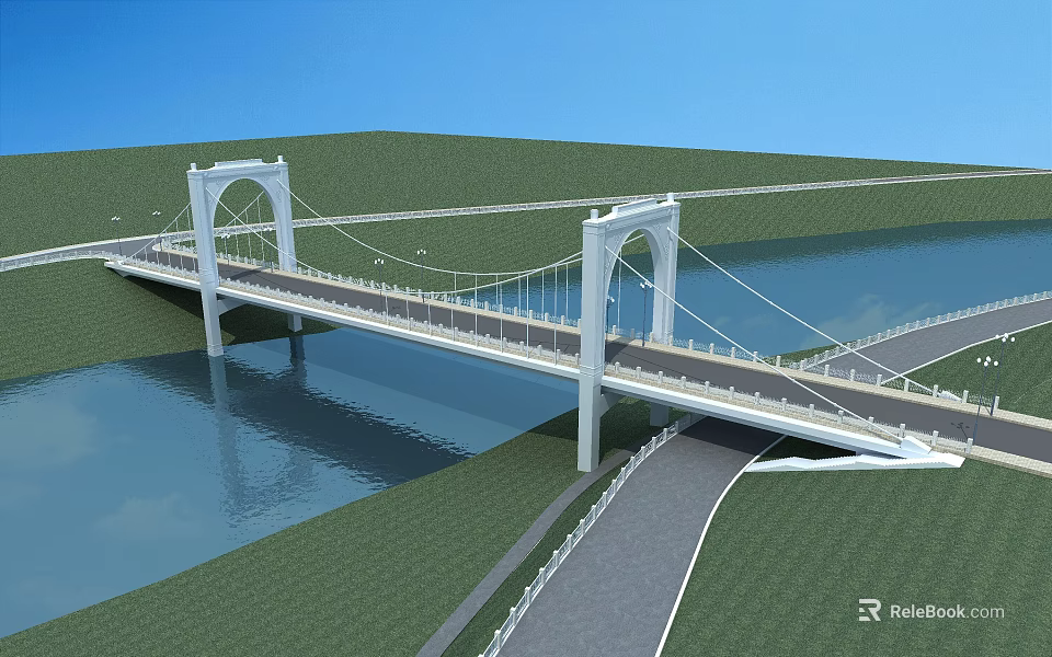 White Suspension Bridge Structure Over Water With Green Grass And Road 3d model 