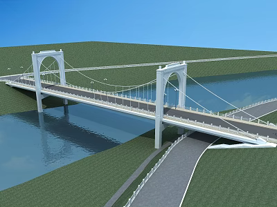 White Suspension Bridge Structure Over Water With Green Grass And Road 3d model