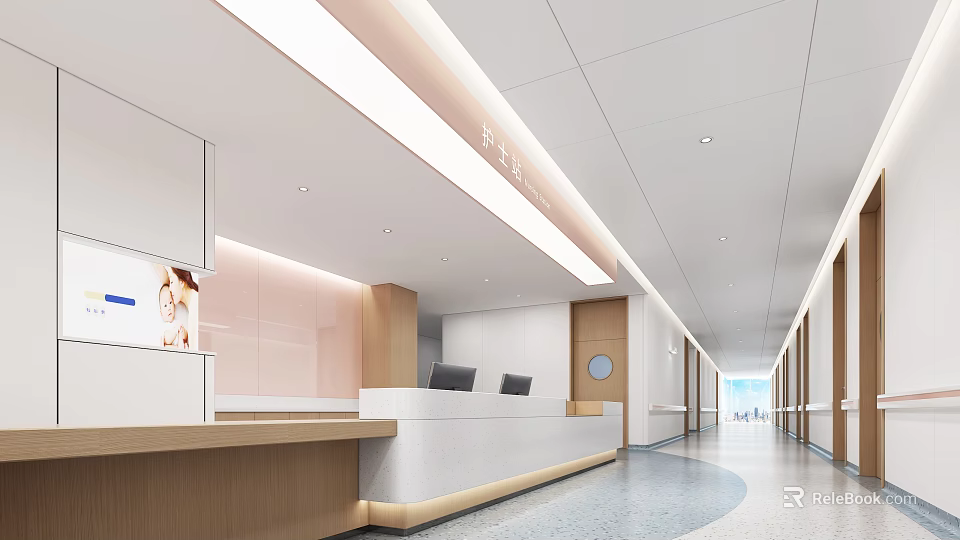 Hospital Outpatient Clinic Modern Interior With Reception Desk Bright Hallway And Wall Panels 3d model 