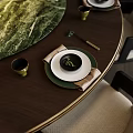 Tableware Set with Green White Plates Napkins Black Cup Gold Chopsticks on Dark Wooden Table