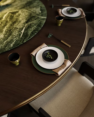 Tableware Set with Green White Plates Napkins Black Cup Gold Chopsticks on Dark Wooden Table 3d model