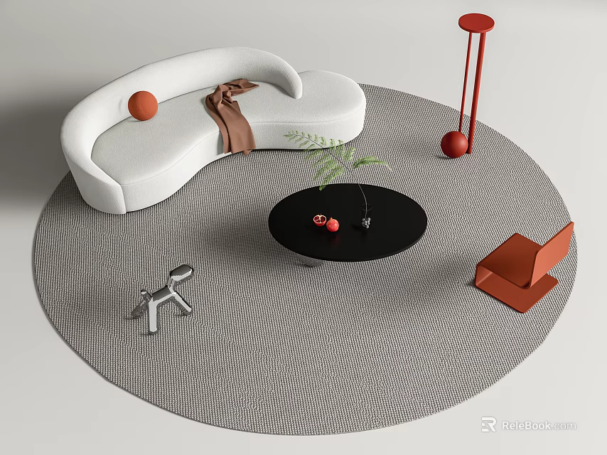 White Curved Sofa And Black Round Coffee Table Set With Gray Round Rug Green Plant 3d model 