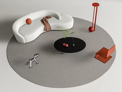 White Curved Sofa And Black Round Coffee Table Set With Gray Round Rug Green Plant 3d model