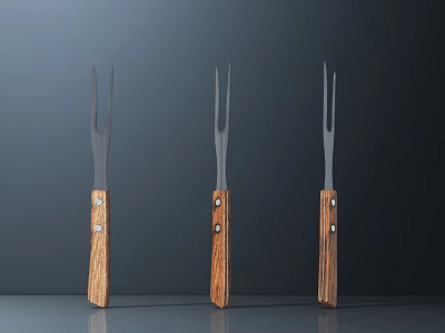 Three Metal Hardware Fork Tools With Wooden Handles For Outdoor Use 3d model