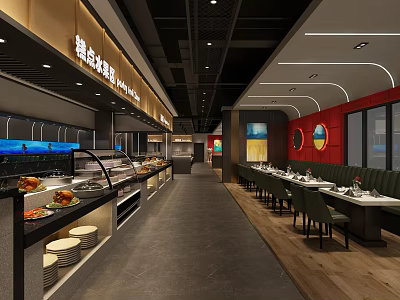 Modern Restaurant Interior With Buffet Counter Long Dining Tables And Red Walls 3d model