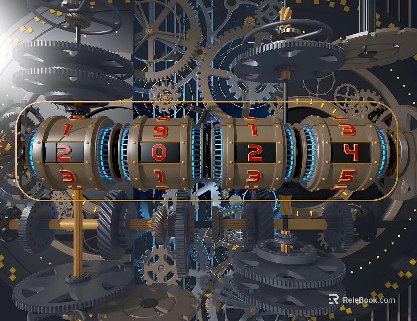 Steampunk Mechanical Gears Featuring Rotating Number Reels And Metal Components 3d model