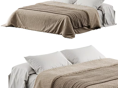 Double Bed With Linen Sheets Beige Textured Blanket And White Pillows Modern Cozy Design 3d model