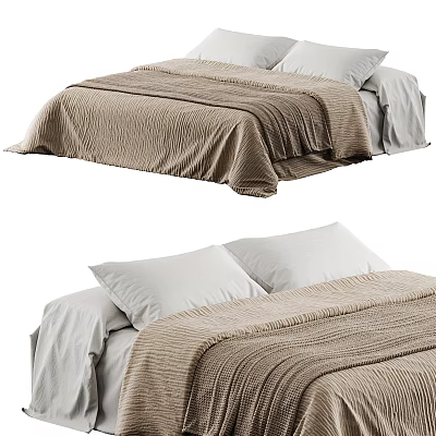 Double Bed With Linen Sheets Beige Textured Blanket And White Pillows Modern Cozy Design 3d model