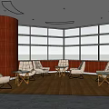 Modern Office Reception Area With White Circular Desk Large Windows Wooden Panels And Ceiling Design