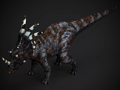 Realistic 3D Rendered Reptile Triceratops with Head Horns Back Spikes and Striped Skin 3d model