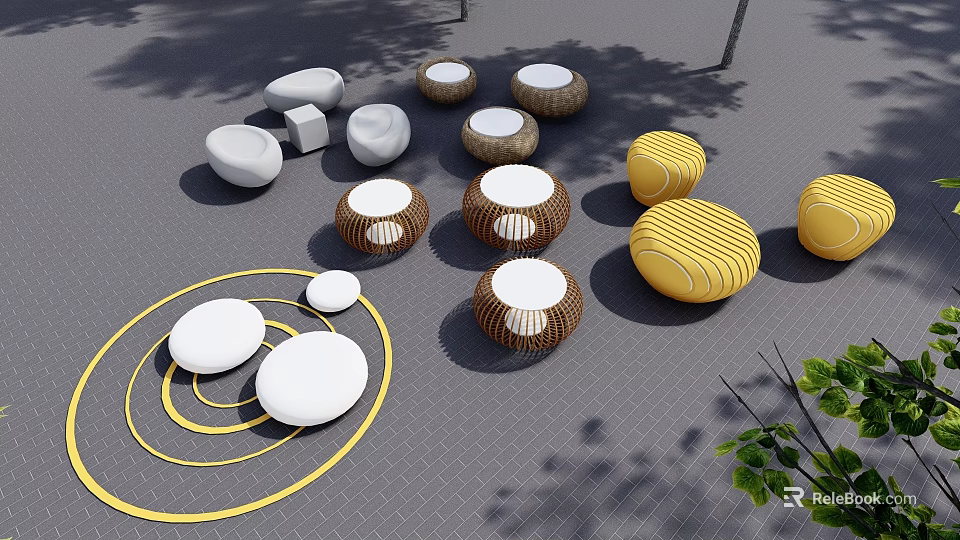 Outdoor Landscape Seats With White Yellow Brown Woven Round Shapes And Garden Decor 3d model 