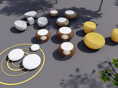 Outdoor Landscape Seats With White Yellow Brown Woven Round Shapes And Garden Decor 3d model