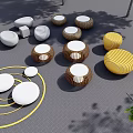 Outdoor Landscape Seats With White Yellow Brown Woven Round Shapes And Garden Decor