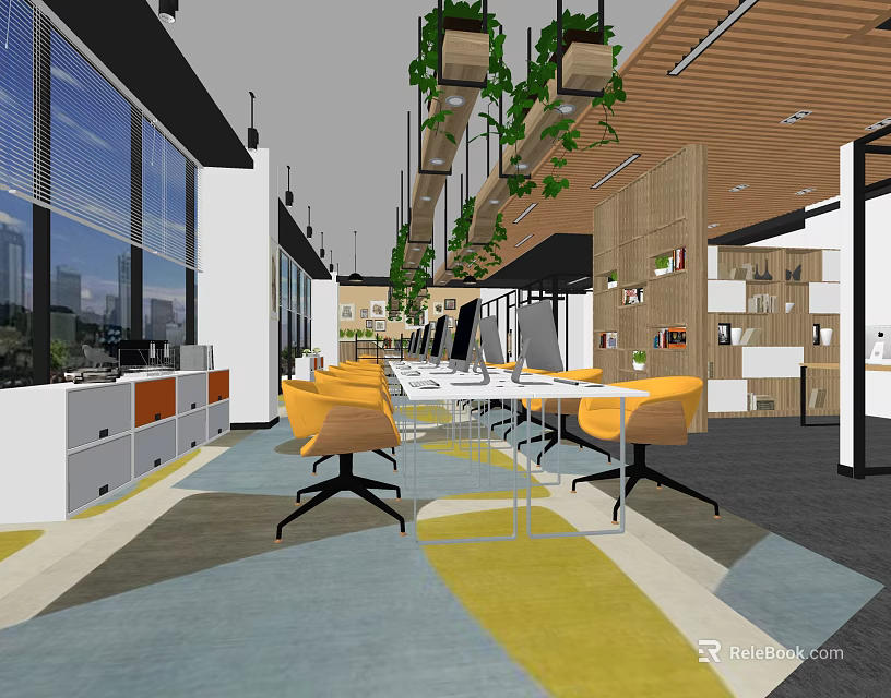 Modern Public Office Space Interior Design With Yellow Chairs Wooden Ceiling Hanging Plants And Large Windows 3d model 