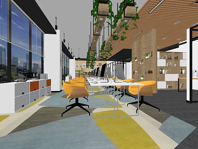 Modern Public Office Space Interior Design With Yellow Chairs Wooden Ceiling Hanging Plants And Large Windows 3d model