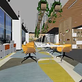 Modern Public Office Space Interior Design With Yellow Chairs Wooden Ceiling Hanging Plants And Large Windows