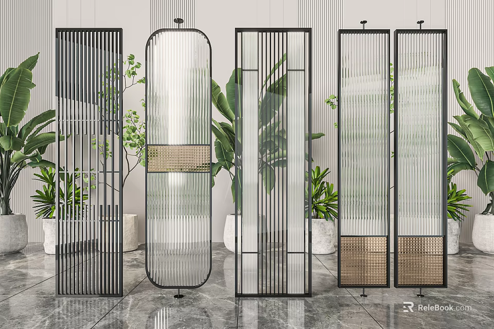 Modern Room Dividers With Metal Frames Glass Panels And Woven Details For Indoor Spaces 3d model 