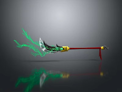 Polearm Weapon With Green Lightning Effects Red Pole Yellow Accent And Black Blade 3d model