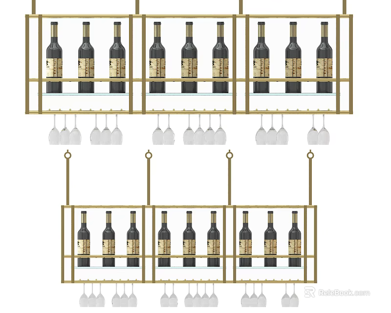 Elegant Golden Frame Wine Cabinet With Multiple Shelves For Bottles And Glasses 3d model 
