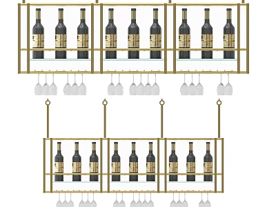 Elegant Golden Frame Wine Cabinet With Multiple Shelves For Bottles And Glasses 3d model