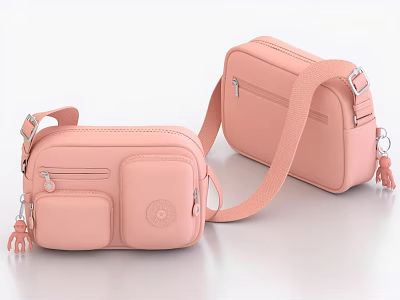 Pink crossbody bag with multiple pockets adjustable strap metal hardware and tassel details 3d model